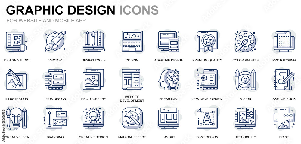 Poster simple set web and graphic design line icons for website and mobile apps. contains such icons as stu