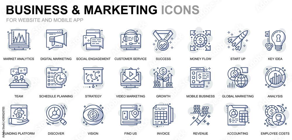 Poster simple set business and marketing line icons for website and mobile apps. contains such icons as vis