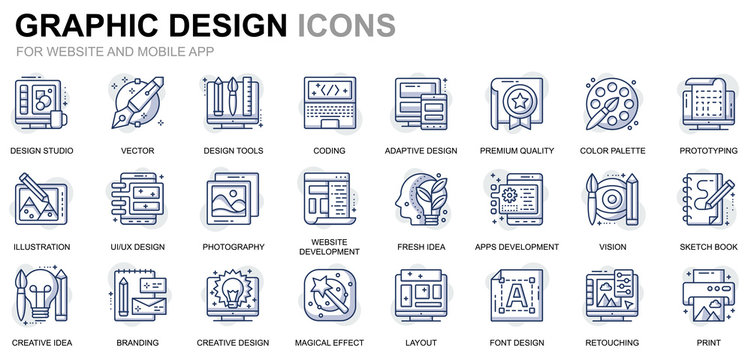 Simple Set Web And Graphic Design Line Icons For Website And Mobile Apps. Contains Such Icons As Studio, Tools, App Development, Retouching. Conceptual Color Line Icon. Vector Pictogram Pack.