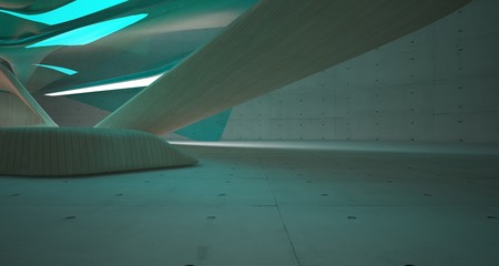 Abstract architectural wood and glass interior of a minimalist house with neon lighting. 3D illustration and rendering.