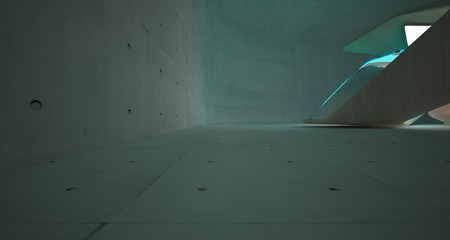 Abstract architectural wood and glass interior of a minimalist house with neon lighting. 3D illustration and rendering.