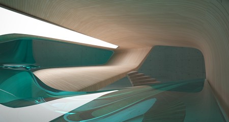 Obraz premium Abstract architectural wood and glass interior of a minimalist house with neon lighting. 3D illustration and rendering.