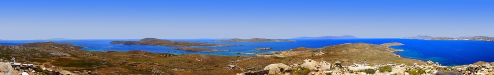 incredible panoramic view of the Cyclades Islands from Mount Kinthos, the highest point of the island of Delos