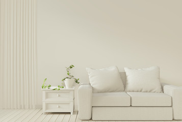Interior mock up poster with sofa and decoration plants in living room with white wall. 3D rendering