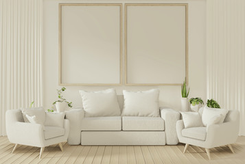 Interior mock up poster with sofa and decoration plants in living room with white wall. 3D rendering