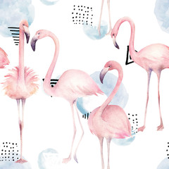 Abstract seamless pattern with watercolor  flamingos. Hand drawn illustration.