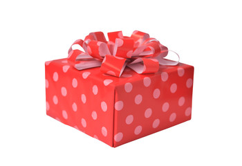 Red gift box and ribbon bow on white background. Concept for Valentine day, Christmas present and New Year.