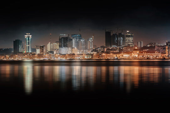 Night view of buildings near Luanda waterfront, Angola