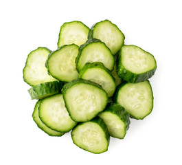 Pile of sliced cucumber on a white background. The view of the top.