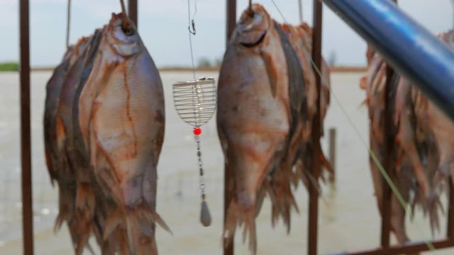 Feeder fishing gear on the background of dried fish hung in the sun. Pier near a small fishing village on the banks of the Volga River. 