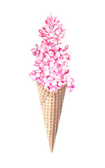 Ice cream with pink lilac blossom isolated on white. Watercolor illustration.