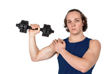 Fototapeta na wymiar Handsome young man in blue shirt lifting dumbbell. White background isolated