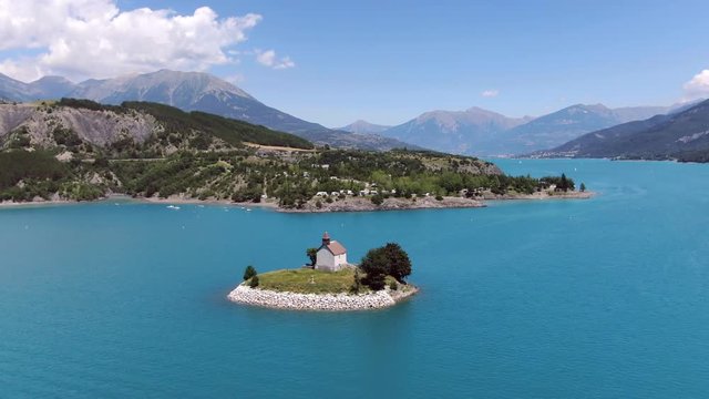 Chapelle Saint Michelle in lake de Serre Poncon Alps de Haute Provence France