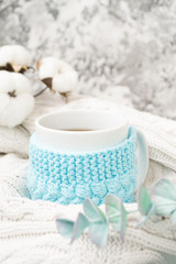 Obraz na płótnie Canvas White mug with tea in a knitted blue frame and wrapped in a white knitted plaid. In the background, sprigs of eucalyptus and cotton. Breakfast in bed. Cozy.