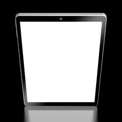 3D brandless tablet with empty screen isolated on black background