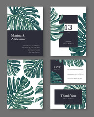 Botanical wedding invitation card. Template design with monstera leaves. Hand drawn, tropical botanical design in realistic style.  Collection of Save the Date and RSVP in vector EPS. © MPetrovska