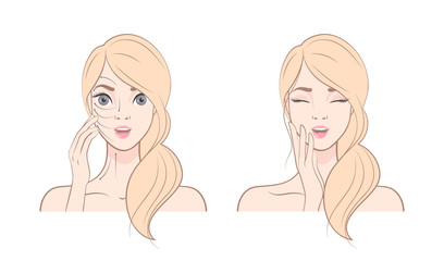 How to apply cream to the face and neck. Relaxing techniques. Vector illustration of massage lines on woman face. 