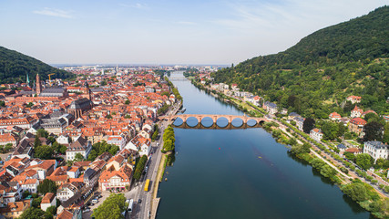 Fototapeta na wymiar Aerial Capture of Heidelberg Old Town with Neckar River and Old Bridge or Karl Theodor Bridge