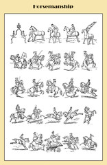 Illustrated table from an Italian lexicon of horse back riding with figures and positions representing recreational activities, artistic, military or cultural exercises and competitive sport
