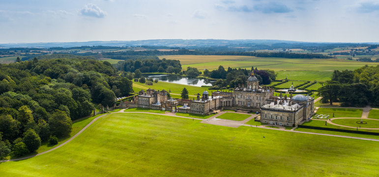 Castle Howard Stately home near York, Aerial banner panorama with gardens