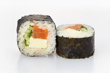 sushi rolls in caviar on a white background