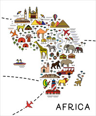 Cartoon map of Africa. Africa travel guide. Travel Poster with animals and sightseeing attractions.