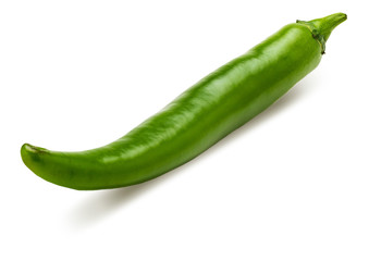 1 fresh green chilli pepper. Isolated on white background.