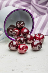 Close-up of fresh cherries in white porcelain cup. On pink fushia background. Space to insert text.