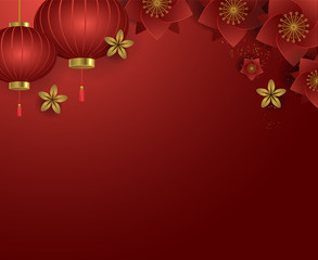 Fototapeta na wymiar Chinese lanterns and flowers on red background
