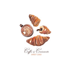 Coffee house logo. Cup of coffee and croissants on white isolated background. Watercolor illustration