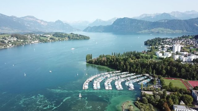 Aerial view of Lucerne, Switzerland. Small marina and mountains in the background