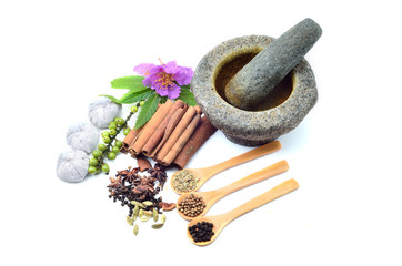 Mortar with herbs isolated on white background