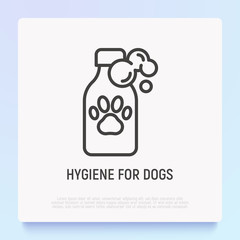Dog shampoo thin line icon: bottle with paw. Modern vector illustration for pet shop.