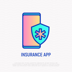 Medical insurance app on smartphone. Thin line icon. Modern vector illustration.