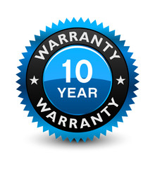 Excellent blue colored 10 year warranty seal, badge isolated on white background.