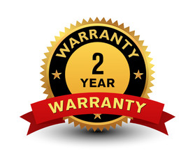 Heavy powerful high quality golden 2 year warranty badge, seal, stamp, sign with red ribbon isolated on white background. 