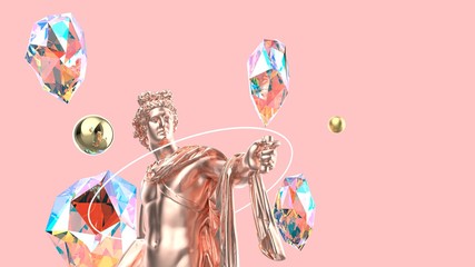 antique statues Apollo in pink background abstract