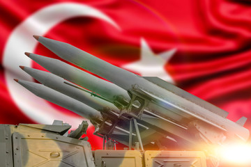 Rocket on the background of the flag of Turkey. Warhead missile