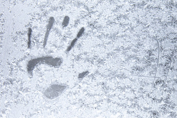 Window in the room covered with frosty mosaic in winter. Frost patterns on glass
