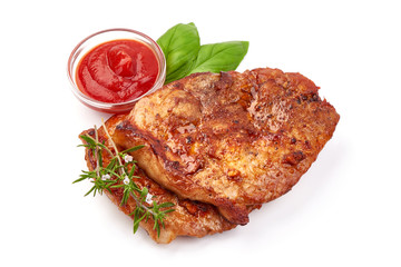 Baked juicy pork steak, isolated on white background