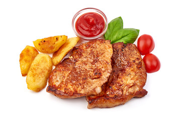Fried juicy pork steak with potatoes, isolated on white background