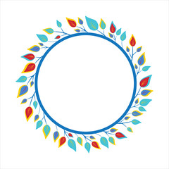 Round frame with leaves in modern colors. Blank template for decorating image, sale banner, wedding card and logo. The concept of a circle of foliage. Vector background in flat style.