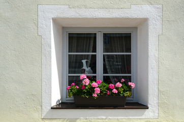 Fototapeta na wymiar windows with flowers at Brunico (Bolzano) in south tyrol, Italy.