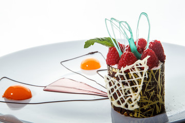 closeup chocolate raspberry dessert with beautiful decoration