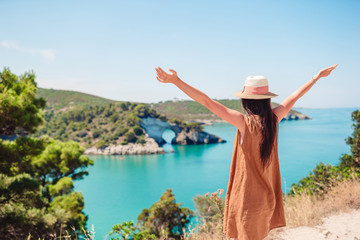 Naklejka premium Girl on vacation travel background beautiful landscape
