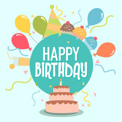 Happy birthday, birthday party, colorful balloons, birthday cake, festive background, birthday invitation template vector illustrations.