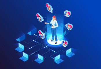 Isometric Communication support phone operator, Call center and Customer service help desk. Service desk consultant talking on a hands-free phone.