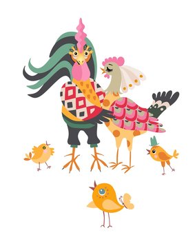 Chicken family on white background. Beautiful card. Cute cartoon rooster hugged hen.