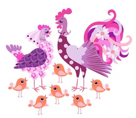Cute cartoon chicken family isolated on white background. Beautiful poster for baby.