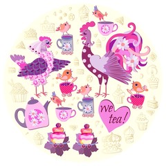 Tea party. Beautiful round pattern with funny rooster, hen and spring chickens, cup of tea, teapot and pastry. Pretty design card. Doily. Poster for baby.